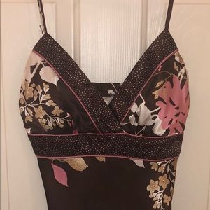 Brown Satin-like Dress with Pink and White Flowers